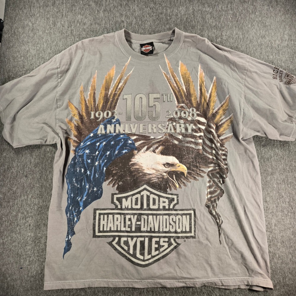 Harley-Davidson 105th Anniversary T-Shirt Mens XL Gray Eagle Biker Rice Lake WI